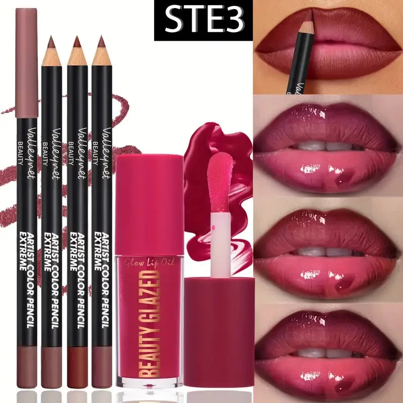 Kit de 4 labiales marrón oscuro: ¡Delineador de labios + brillos de labios resistente al agua!